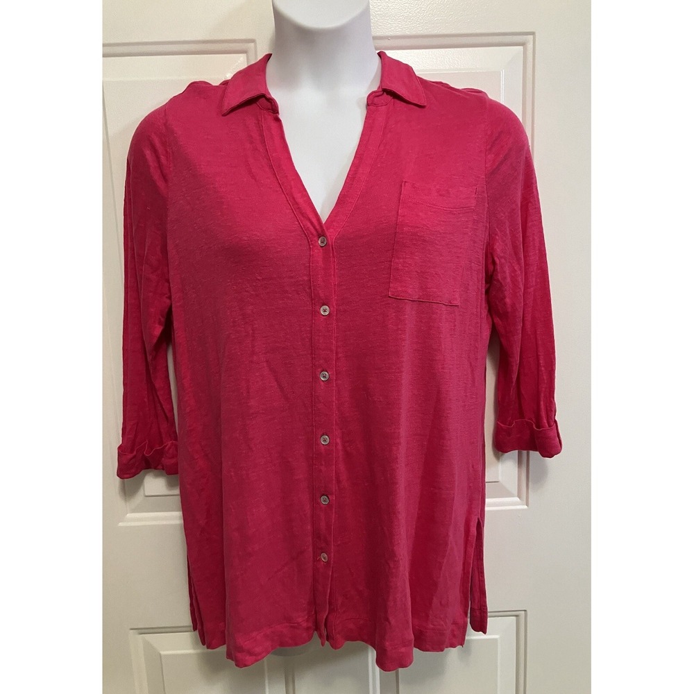 Chicos Shirt Womens Sz 2 Large Hot Pink Linen Roll Tab‎ Button Up Knit Top Shirt